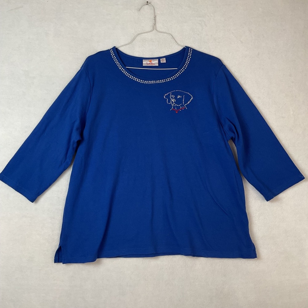 Quacker Factory Womens XL Royal Blue Rhinestone Dog 3/4 Sleeve Cotton Top